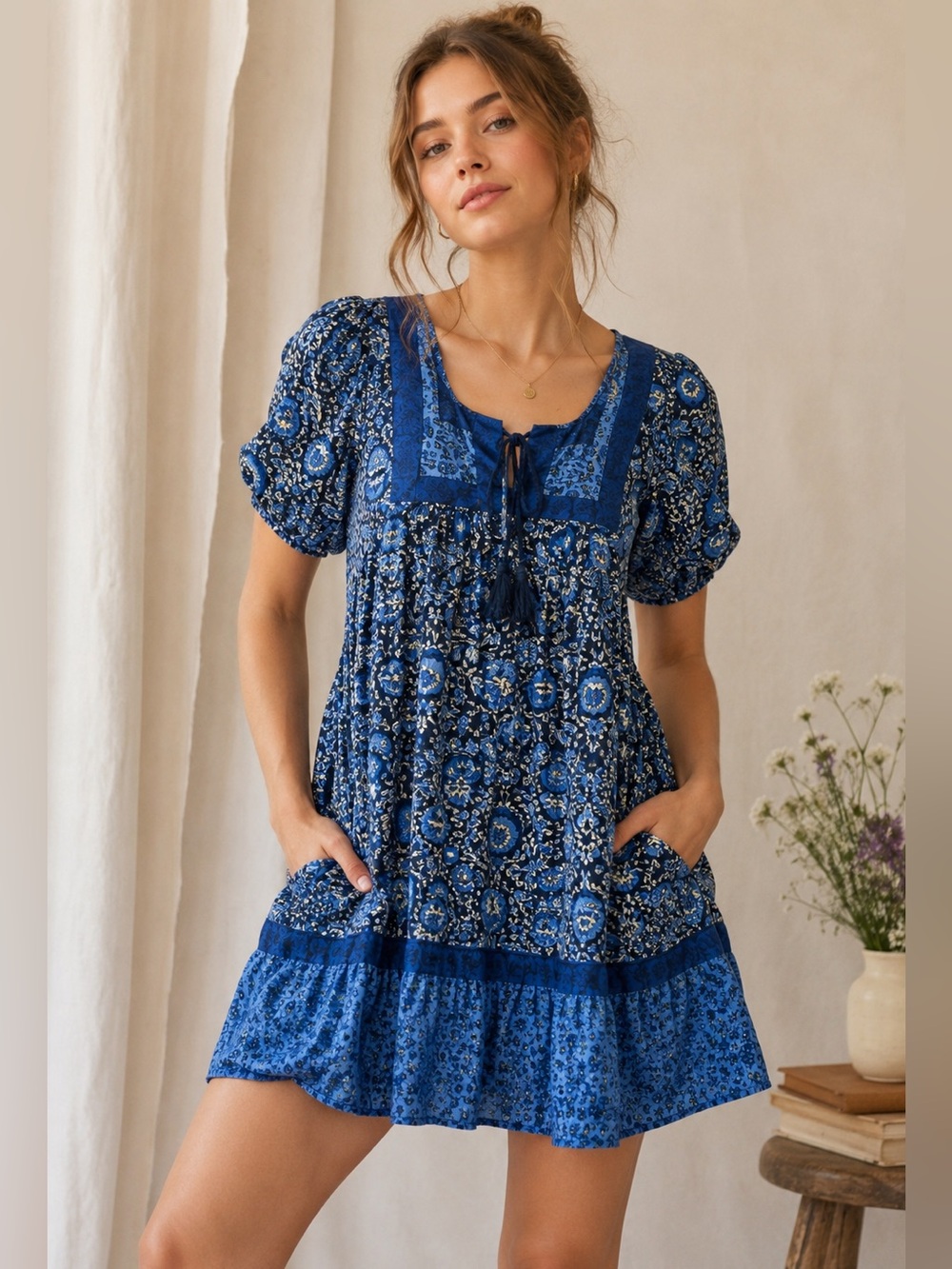Y2K Old Navy Blue Floral Cottagecore Dress | Prairie Babydoll XS